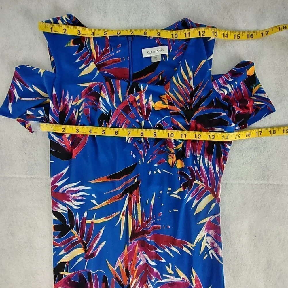 Calvin Klein Blue Tropical Floral Cruise Resort Cold Shoulder Dress, Size 2 - Picture 7 of 10